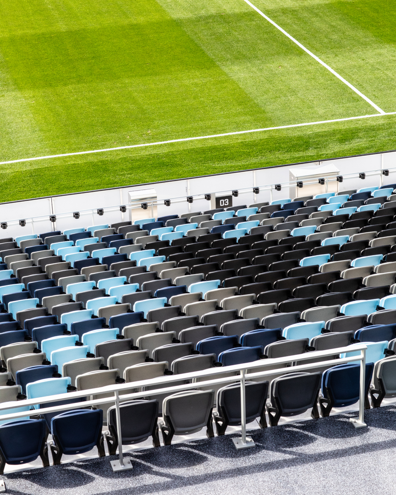 Looking down over empty seats and pitch at Allianz Field.