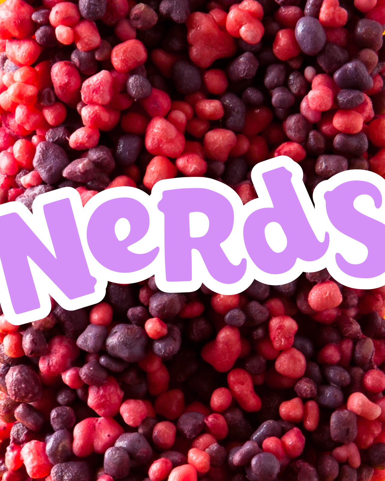 A tight crop of Nerds candy with the Nerds logo overlaid on top.