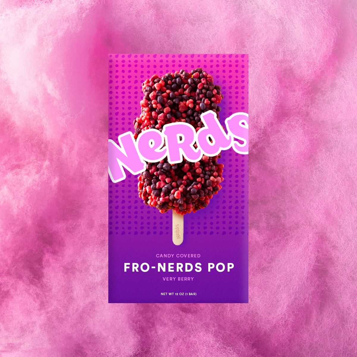 A packaging prototype of a Nerds Yogurt Pop on a bright pink backdrop.
