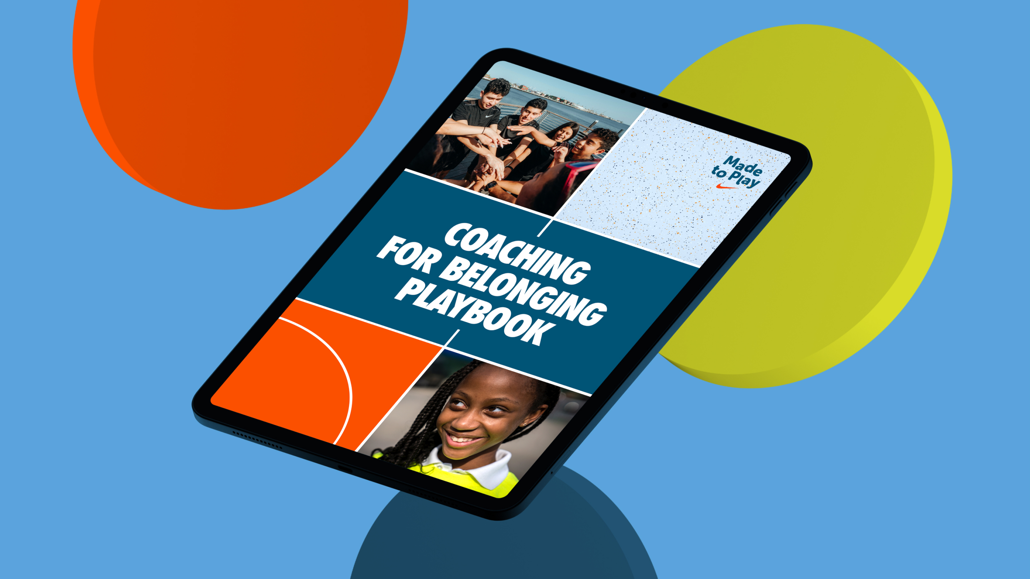 A video loop of colorful images and text from the Coaching for Belonging playbook, and kids participating in sports.