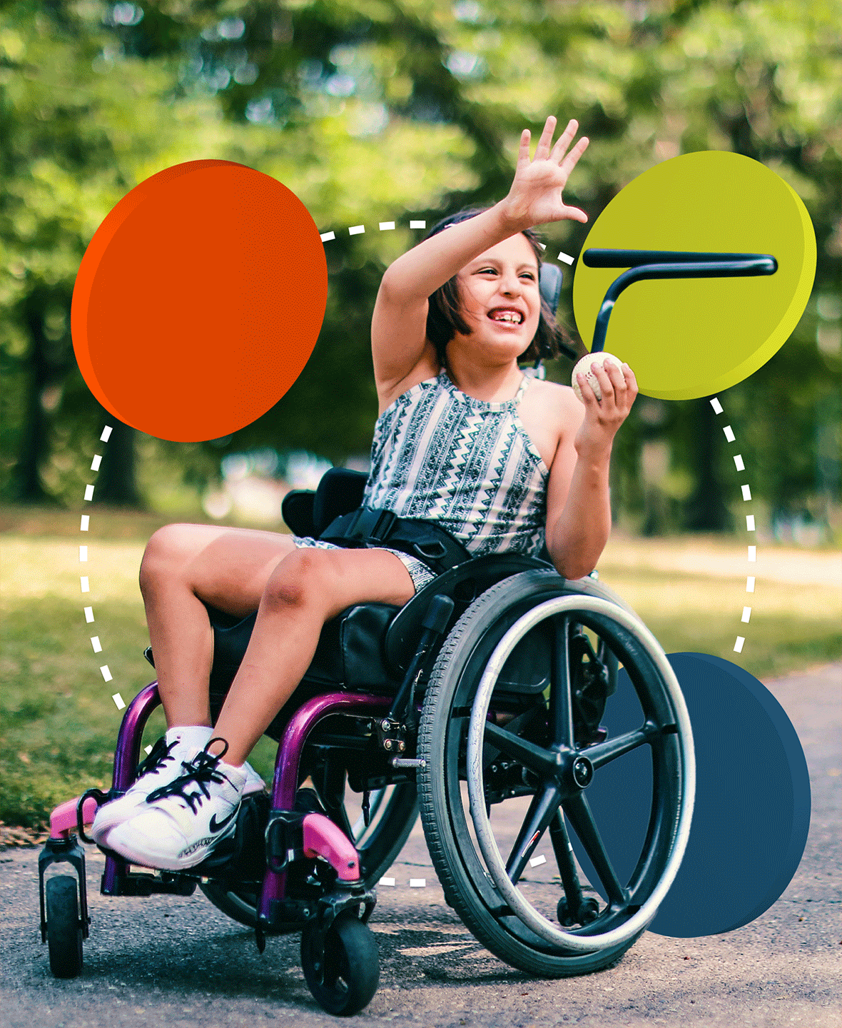 A smiling girl in a wheelchair, catching a baseball, interspersed with principles from the playbook.