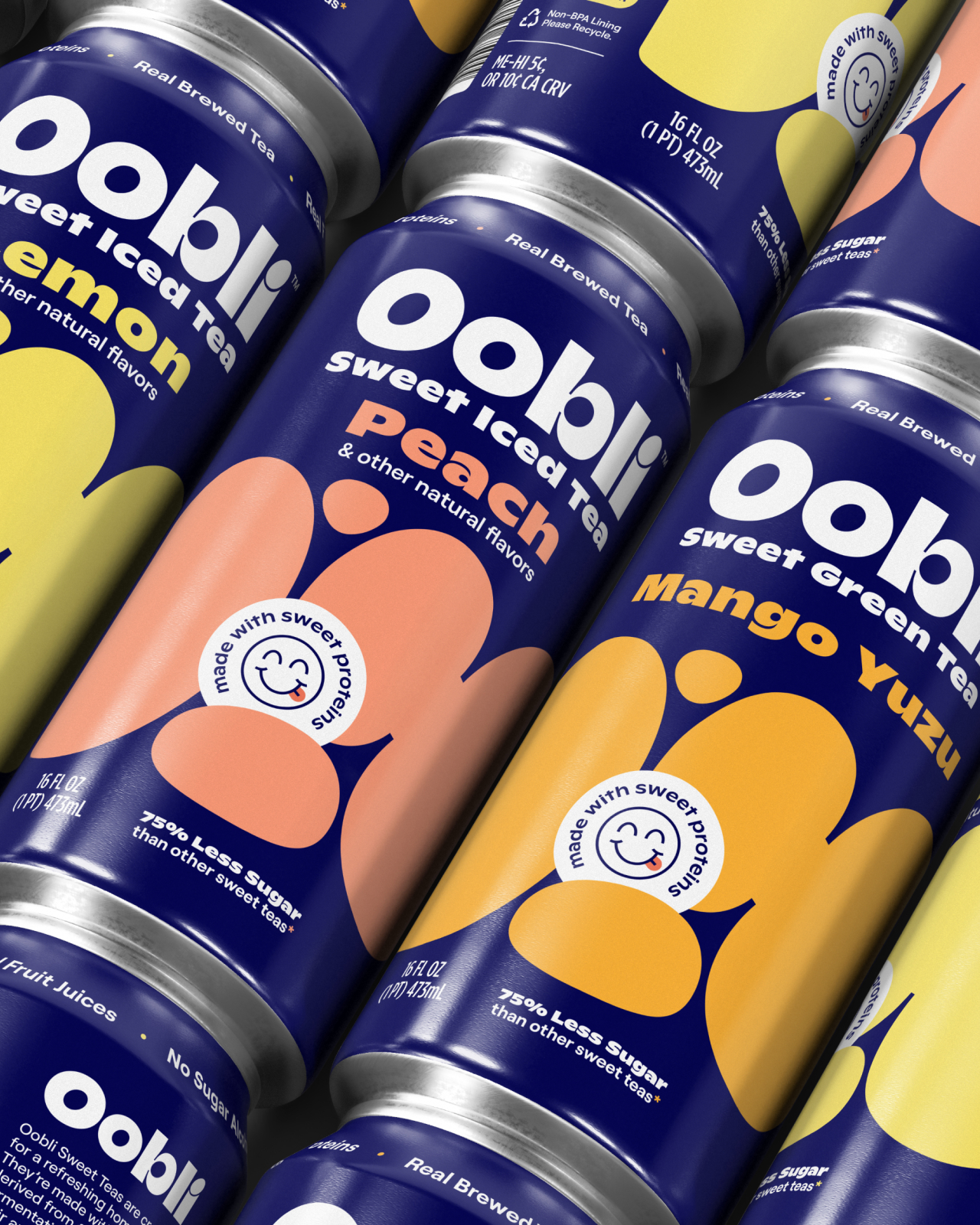 Rows of Lemon, Peach and Mango Yuzu sweet tea cans.