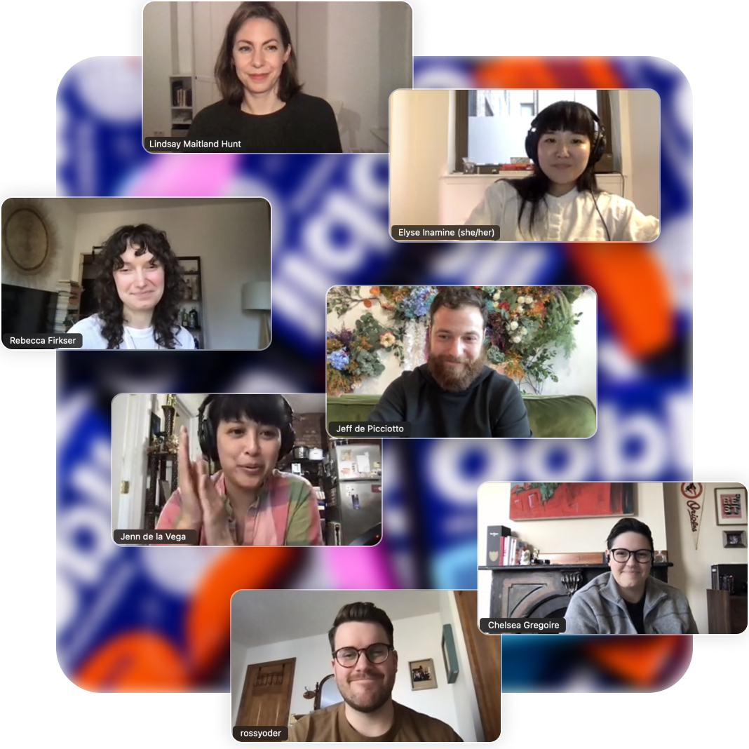 Screenshots from a Zoom call showing the faces of the seven experts who made up the Oobli think tank.