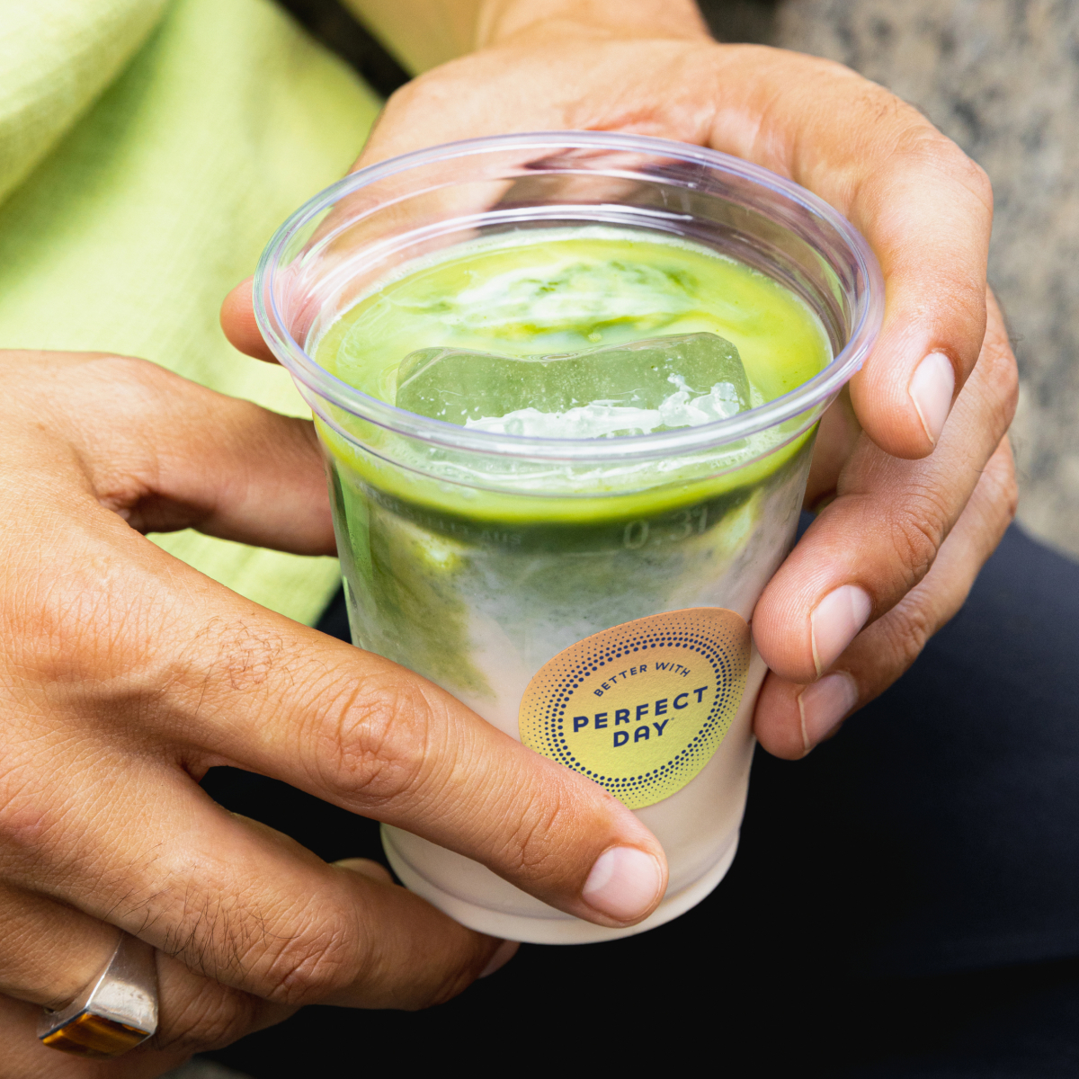 A sticker promoting Perfect Day's animal-free dairy on a matcha latte