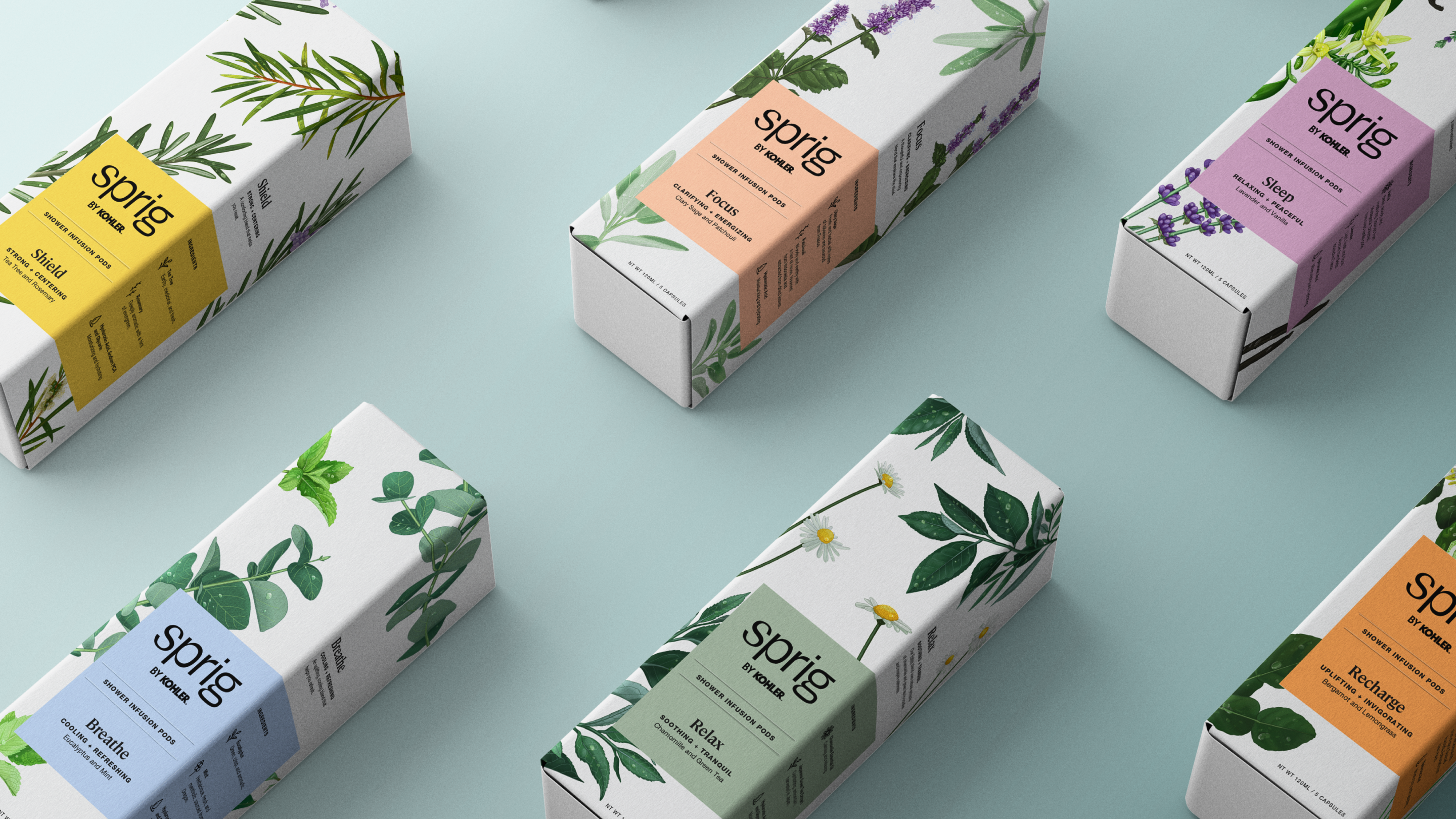 A video loop of Shower Infusion Pods packaging, botanical floral imagery and young woman using Sprig by Kohler products.