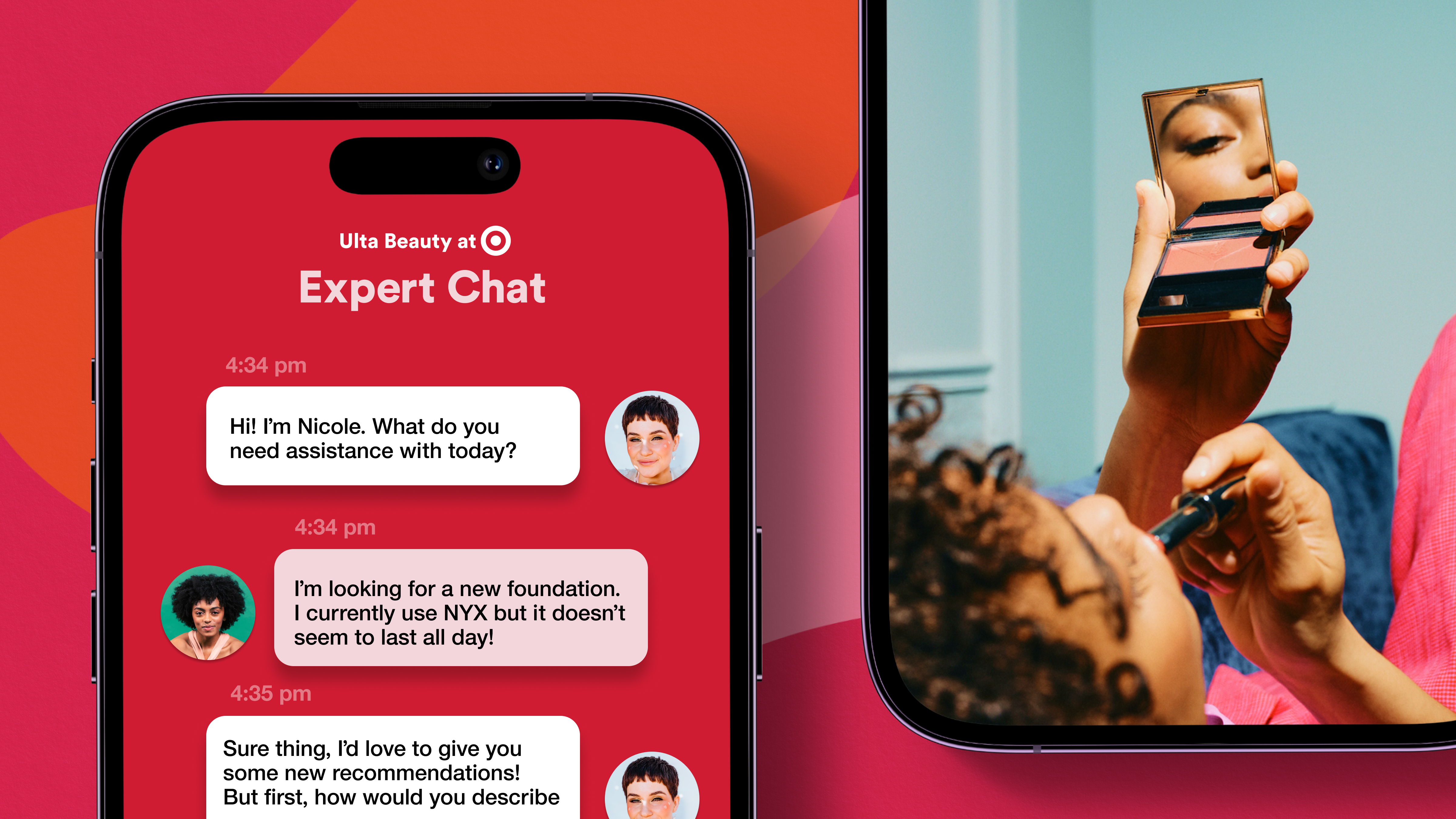 Smartphone screens showing a chat between customer and beauty expert, and a woman applying lipstick using a compact mirror.